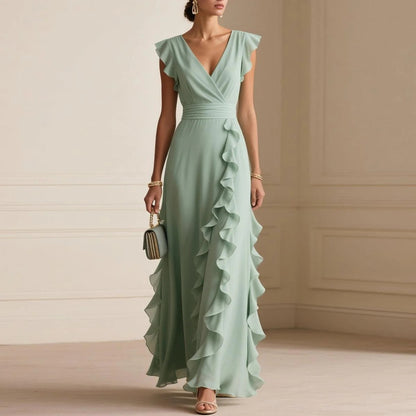 Robe Longue Plissée à Manches Courtes – Décolleté V Col V Uni, Taille Haute