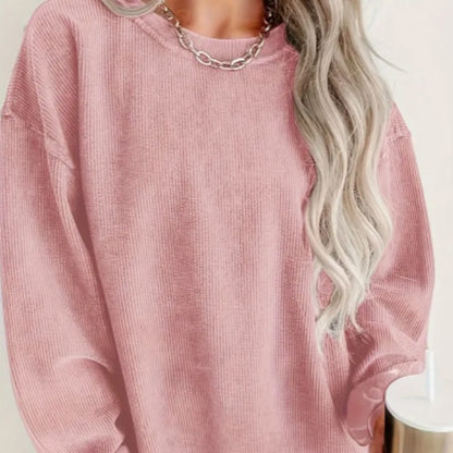Sweatshirt Femme à Col Rond – Côtelé, Manches Longues, Couleur Unie, Avec Cordons