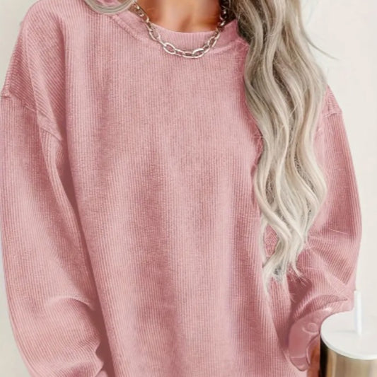 Sweatshirt Femme à Col Rond – Côtelé, Manches Longues, Couleur Unie, Avec Cordons