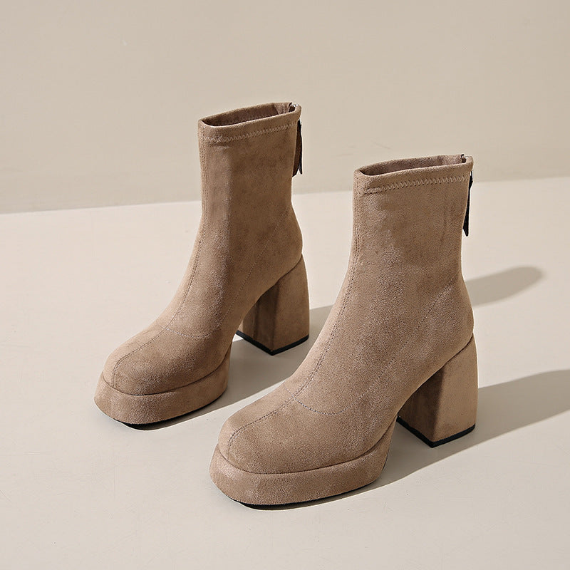 Bottes Femme en Suédine – Fermeture Éclair Arrière, Talon Épais, PU, Tailles 34–40