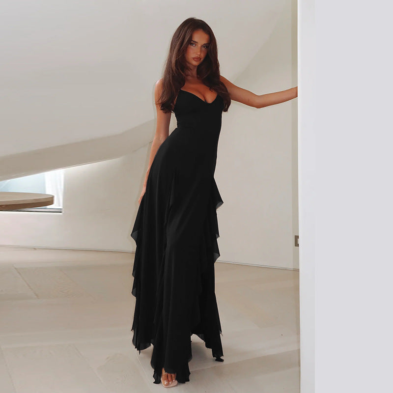 Robe Fendue à Bretelles Femme – Col V Élégant, Volants & Style Vacances