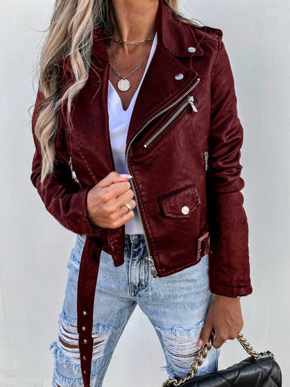 Veste Femme en Simili Cuir et Polyester – Manches Longues – Couleurs Noir et Rouge – Tailles M à 3XL