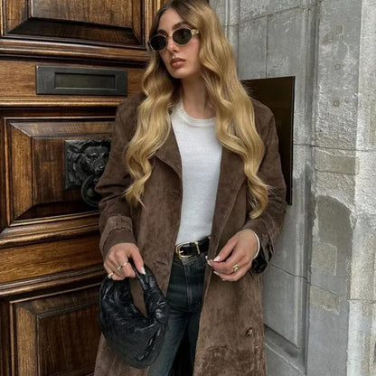 Manteau Long Femme à Ceinture – Style Rétro Artistique – Slim Fit