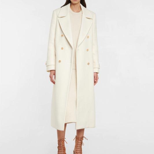 Manteau Femme Élégant à Revers – Blanc, Double Boutonnage, Mi-long