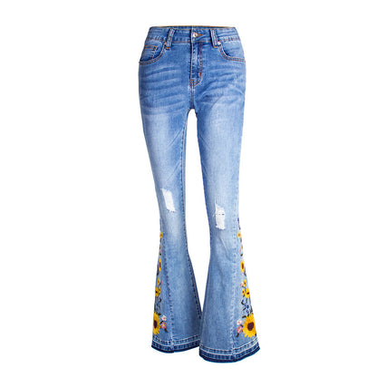 Jean Évasé Femme Bleu – Broderie 3D, Taille Mi-haute, Confort Denim Extensible