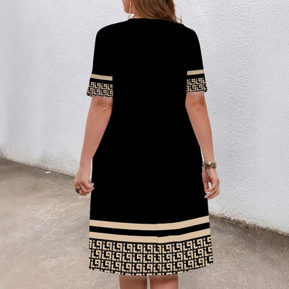 Robe Élégante Bicolore à Col Rond – Manches Courtes Confortables & Style Décontracté