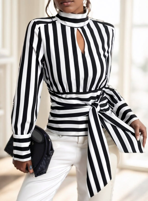 Top Femme Rayé – Manches Longues, Col Rond, Style Décontracté