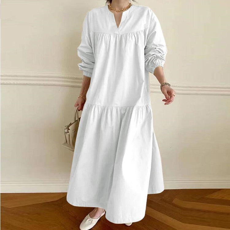 Robe Femme Swing à Col V – Manches Chemise, Style Rétro, Coton & Lin