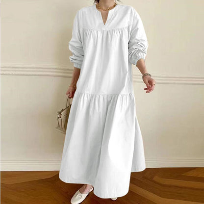 Robe Femme Swing à Col V – Manches Chemise, Style Rétro, Coton & Lin