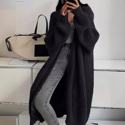 Gilet Long Tricoté Femme avec Poches – Cardigan à Manches Lanternes