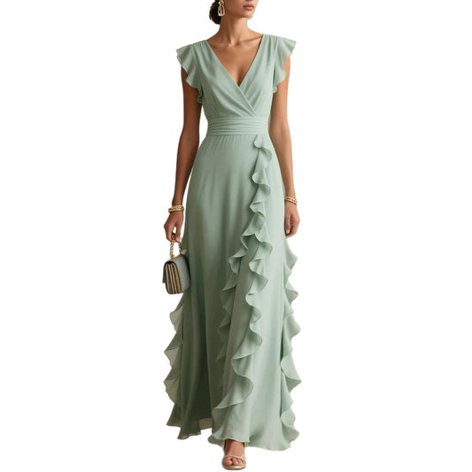 Robe Longue Plissée à Manches Courtes – Décolleté V Col V Uni, Taille Haute