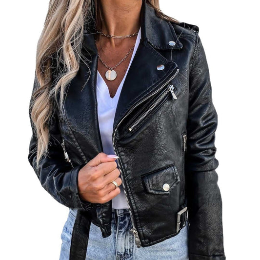 Veste Femme en Simili Cuir et Polyester – Manches Longues – Couleurs Noir et Rouge – Tailles M à 3XL
