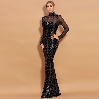 Robe Maxi Femme à Sequins – Manches Longues, Robe de Soirée, Noir & Or
