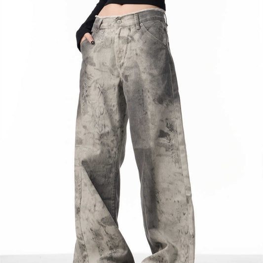 Jean Femme High Street – Coupe Large, Taille Naturelle, Motif Serpent Imprimé, Effet Usé