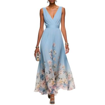 Robe Femme Chiffon Imprimée – Sans Manches, A-Line Longue, Style Sexy