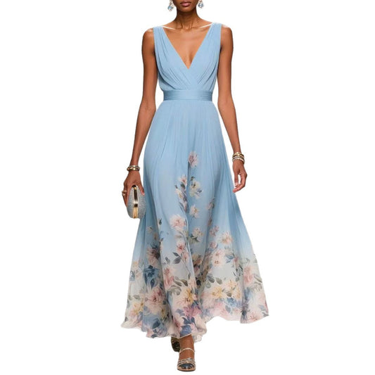 Robe Femme Chiffon Imprimée – Sans Manches, A-Line Longue, Style Sexy
