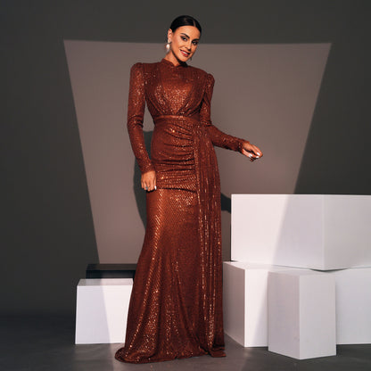 Robe Longue de Soirée à Paillettes – Manches Longues, Col Rond, Slim et Élégante