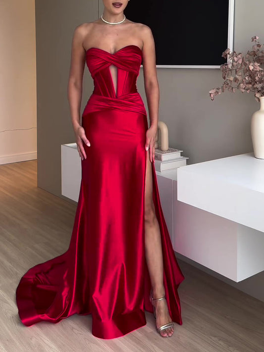 Robe Longue de Soirée Rouge – Tube Top avec Fente Élégante