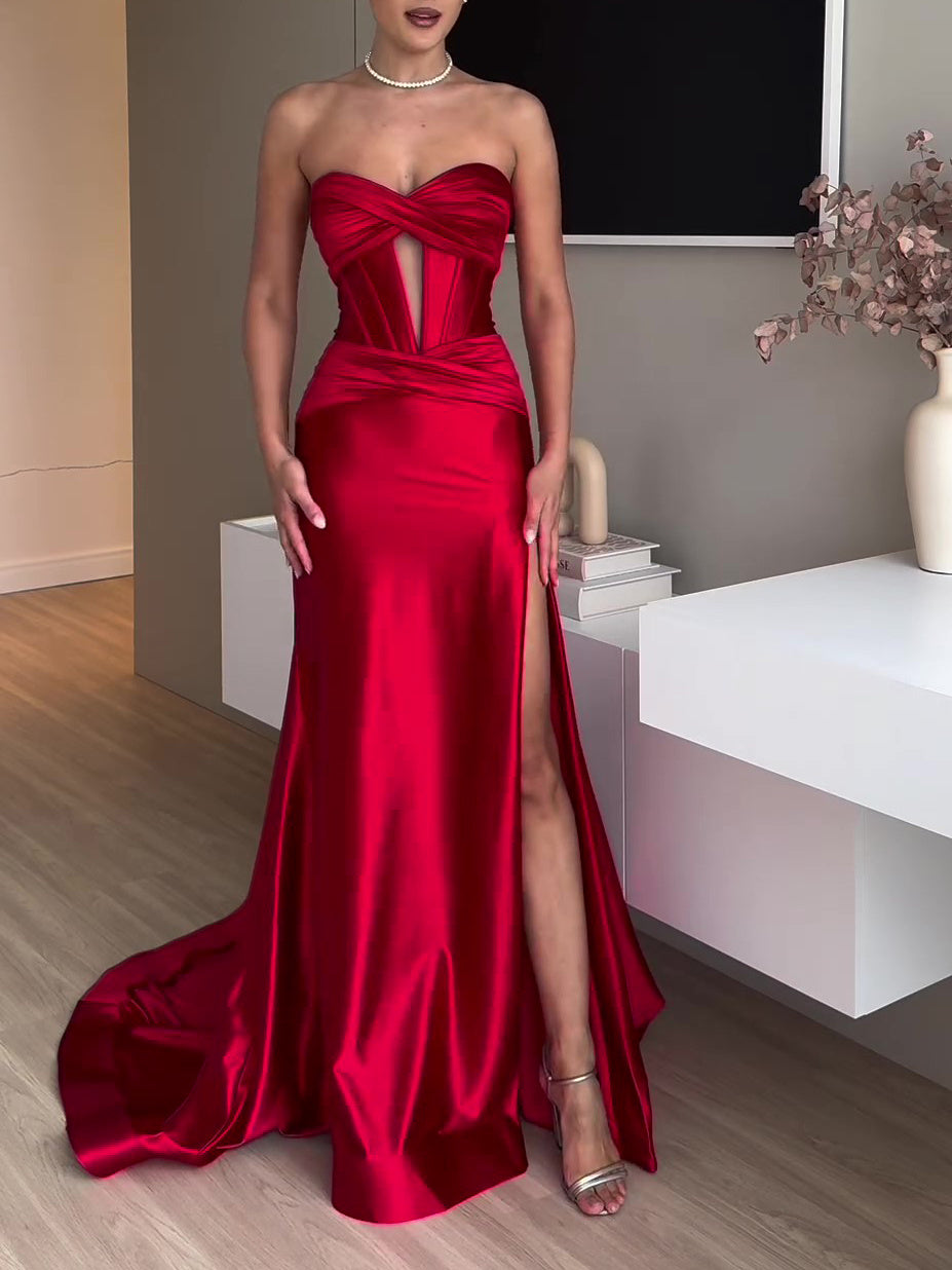 Robe Longue de Soirée Rouge – Tube Top avec Fente Élégante