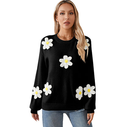 Pull Femme Tricoté à Col Rond – Motif Floral, Couleurs Contrastées, Style Décontracté