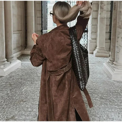 Manteau Long Femme à Ceinture – Style Rétro Artistique – Slim Fit