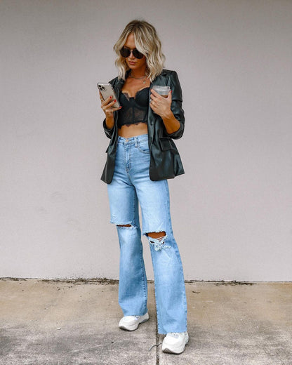 Jean Femme Style Européen et Américain – Taille Haute, Effet Déchiré, Coupe Droite
