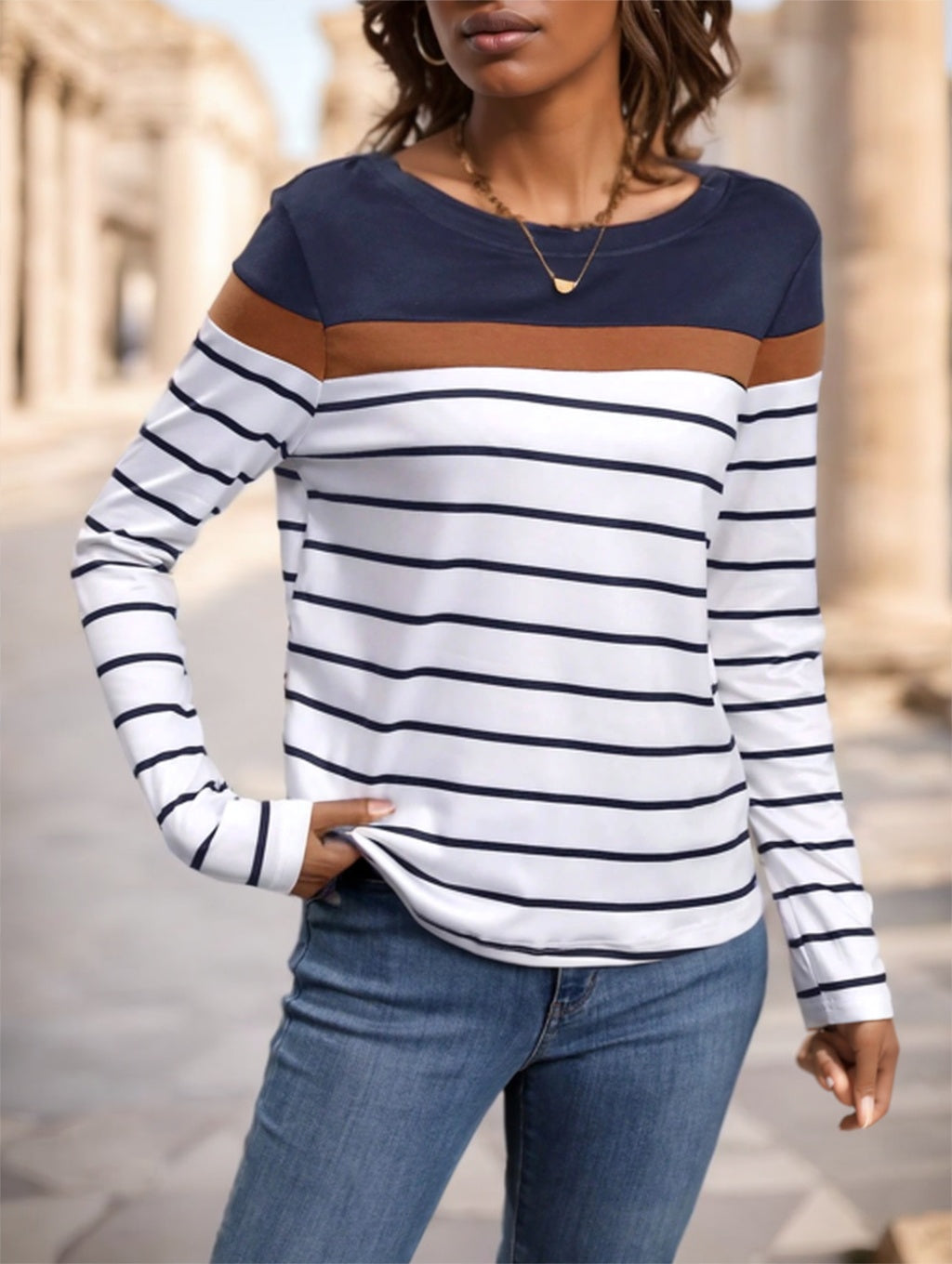 T-shirt Femme Rayé – Manches Longues, Col Rond, Style Décontracté
