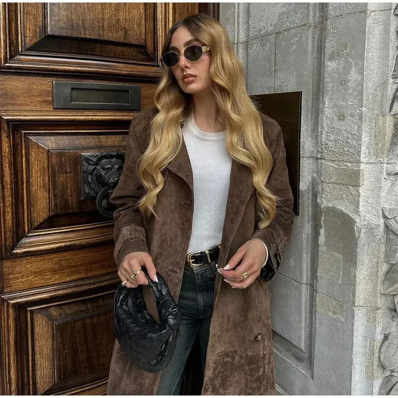 Manteau Long Femme à Ceinture – Style Rétro Artistique – Slim Fit