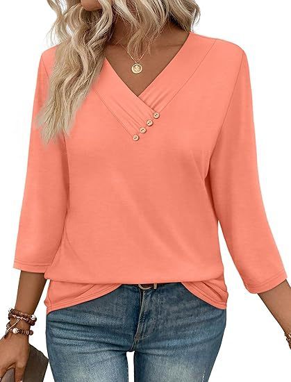T-shirt Femme Automne – Col V Boutonné, Manches Longues, Style Décontracté Chic