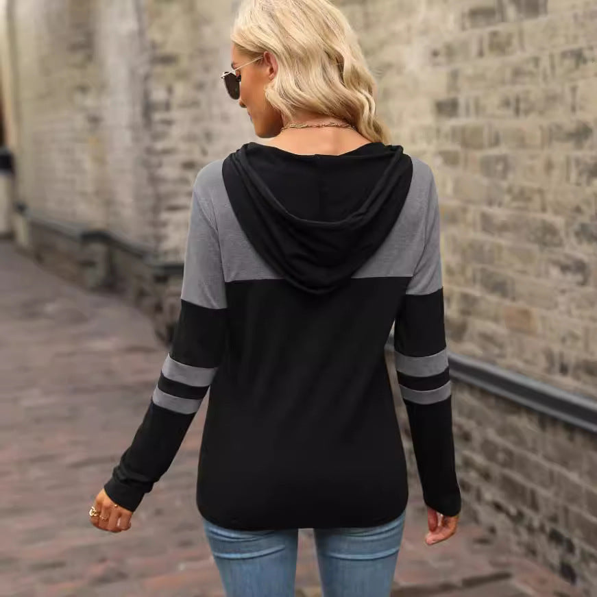 Pull à Capuche Femme – Manches Longues, Couture Contrastée, Style Décontracté