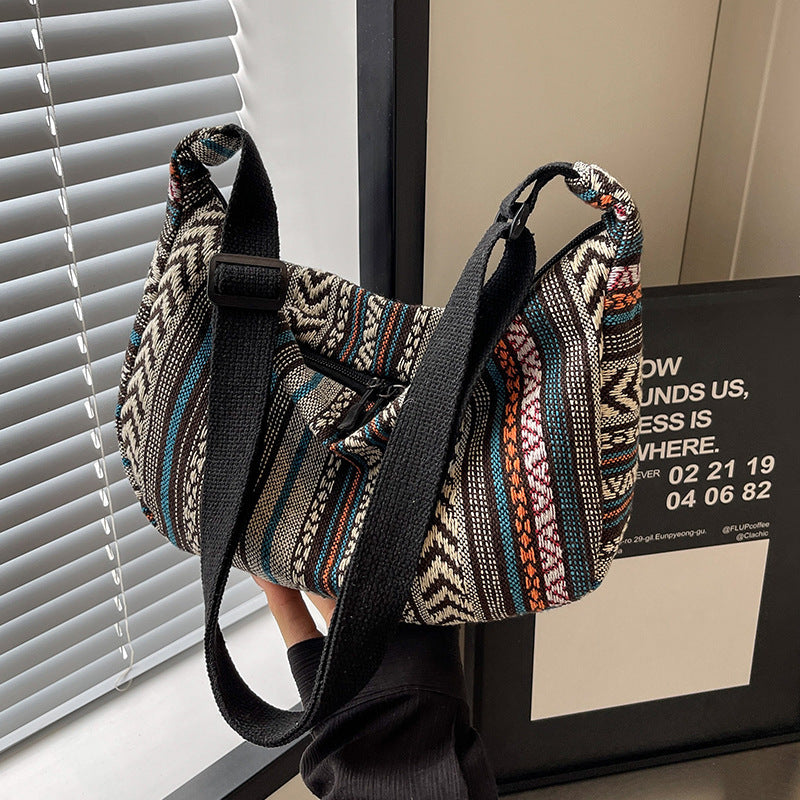 Grand Sac Bandoulière Femme – Style Ethnique à Grande Capacité en Toile Forme Dumpling