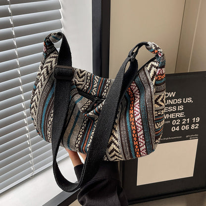 Grand Sac Bandoulière Femme – Style Ethnique à Grande Capacité en Toile Forme Dumpling