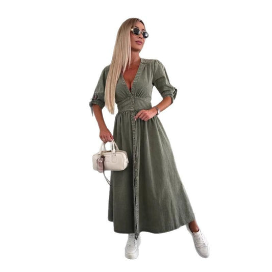 Robe Longue en Jean à Boutons – Col V & Manches Courtes Style Décontracté