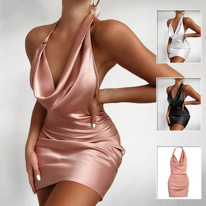 Robe de Fête en Satin Femme – Col V, Dos Nu, Mini Robe Sans Manches