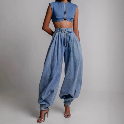 Pantalon Harem Décontracté Femme – Taille Haute Zippée en Jean