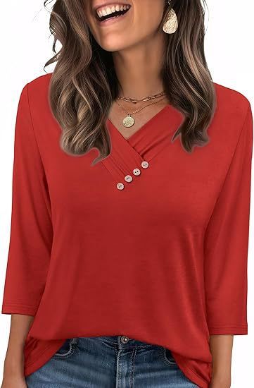 T-shirt Femme Automne – Col V Boutonné, Manches Longues, Style Décontracté Chic