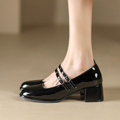 Chaussures Femme en Cuir Souple – Talon Épais, Coupé Bas, Boucle