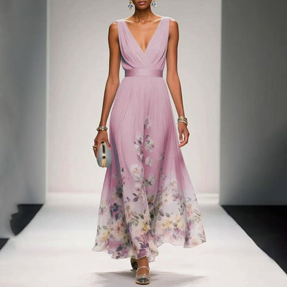 Robe Femme Chiffon Imprimée – Sans Manches, A-Line Longue, Style Sexy
