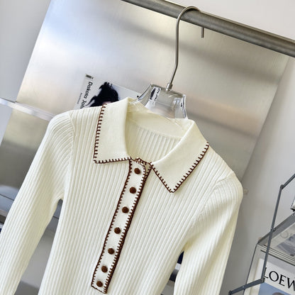Pull Femme Retro – Manches Longues, Couleur Contrastée, Style Slim Fit