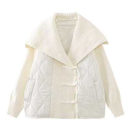 Manteau Femme Style Européen & Américain – Décontracté, Col Marin, Patchwork en Maille