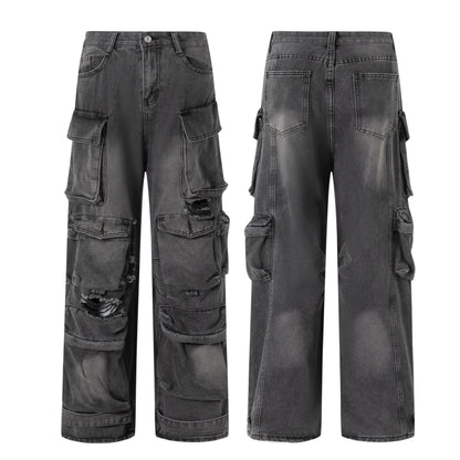 Pantalon Cargo Femme Noir – Denim Droit à Poches, Style Basique et Tendance
