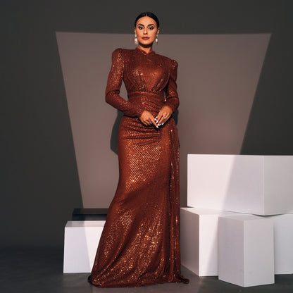 Robe Longue de Soirée à Paillettes – Manches Longues, Col Rond, Slim et Élégante