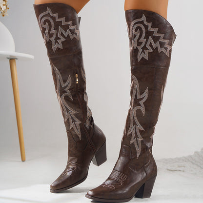 Bottes Femme Western en Denim au-dessus du Genou – Bout Carré, Fermeture Éclair Latérale, Talon Haut