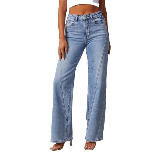 Jean Femme Large – Patchwork Denim, Taille Mi-haute, Style Casual Japonais et Coréen