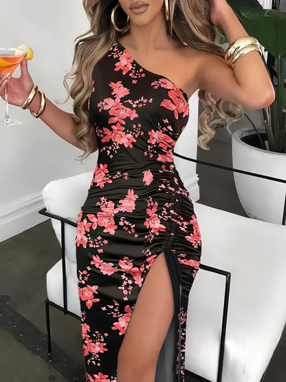 Robe Femme Épaule Dénudée Imprimée – Fendue & Élégante