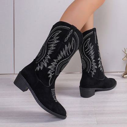 Bottes Longues Femme à Talon Carré – Embroidery Automne, Bout Pointu