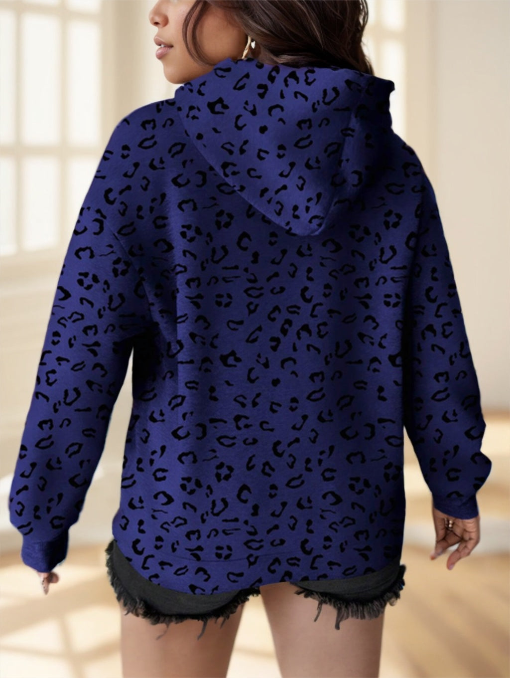Sweat à Capuche Femme – Manches Longues, Motif Léopard, Style Décontracté