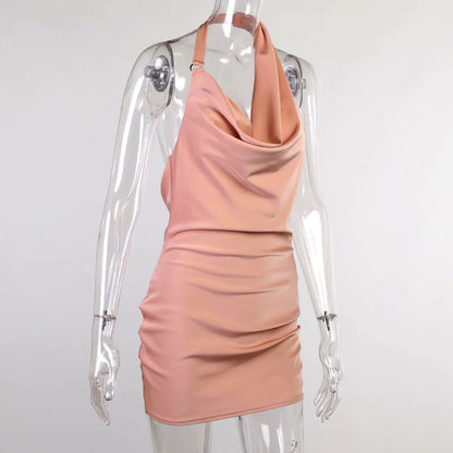 Robe de Fête en Satin Femme – Col V, Dos Nu, Mini Robe Sans Manches