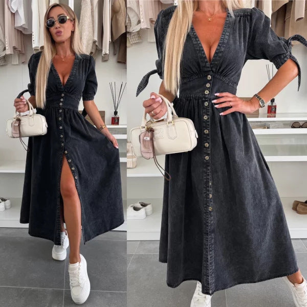 Robe Longue en Jean à Boutons – Col V & Manches Courtes Style Décontracté
