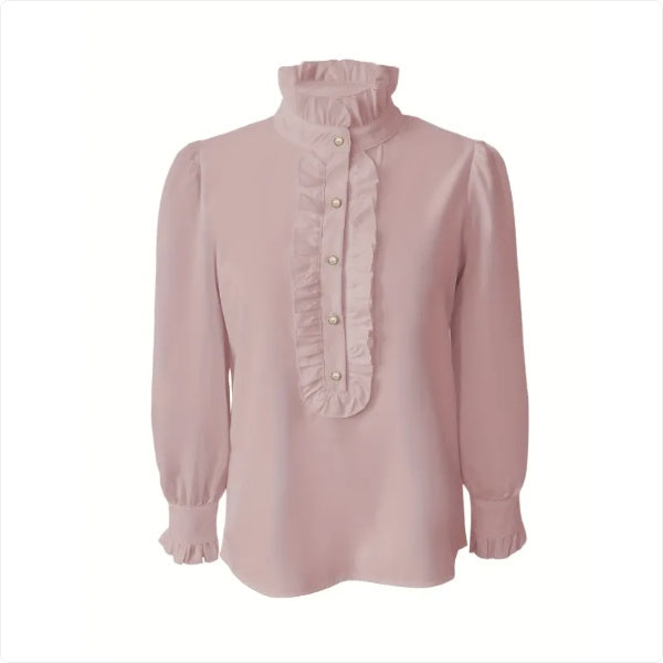 Chemisier Femme Col Montant – Manches Longues avec Ourlet Volanté, Style Chic